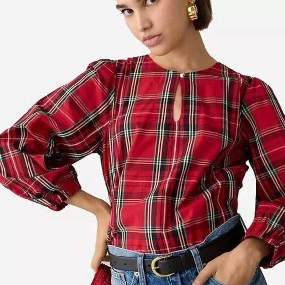 J. Crew Puff Sleeve Top in Good Tidings Plaid Size Medium - Picture 1 of 4